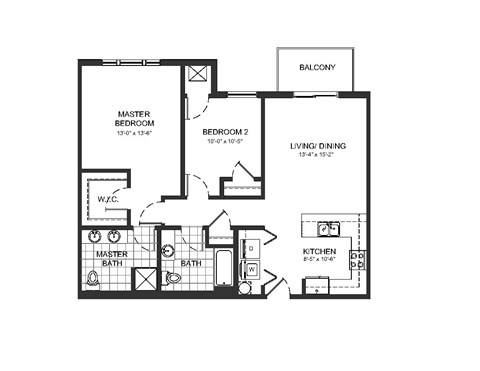 Floor plan for 2 beds, 2 baths, 1023 sqft